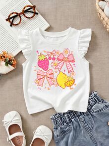 Baby Girl Casual Fashion Cute Flutter Sleeve Round Neck Top, Suitable For Spring And Summer - Multicolor - View 5