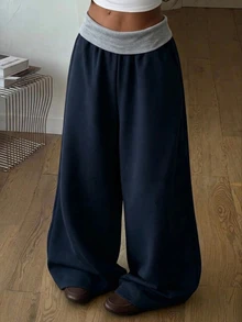 SHEIN Tween Girl 拼接配色百褶休閒百搭日常穿著寬腿運動長褲 - 藏蓝色 - 查看 1