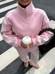 Muchica Women's Light Pink Colorblock Pocket High Neck Long Sleeve Jacket Pink Woolen Patchwork Jacket For Casual Wear Autumn Jacket Breakfast Travel - Baby Pink - View 6