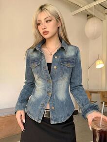 Livesso Women's Long Sleeve Single-Breasted Casual Denim Jacket - Blue - View 4