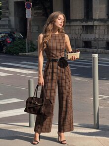 Skyraze Women's Fashion Commuter Plaid Sleeveless Jumpsuit - Mocha Brown - View 3