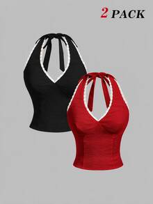 SHEIN MOD Women's Colorblock Casual Versatile Daily Wear Halter Neck Tops 2pcs Set - Red and Black - View 10