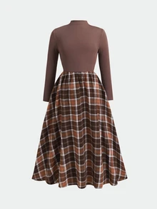 Tween女孩秋冬休閒通勤度假優雅高領長袖針織羅紋拼接格紋長洋裝 咖啡棕色 女童洋裝 - 棕色 - 查看 3