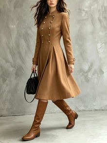 SHEIN 女款秋冬時尚優雅極簡通勤長款羊毛大衣 - 卡其色 - 查看 4