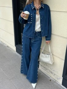 DAZY Women's Single-Breasted Long Sleeve Top And Pants Casual Daily Denim Set Fall - Blue - View 4