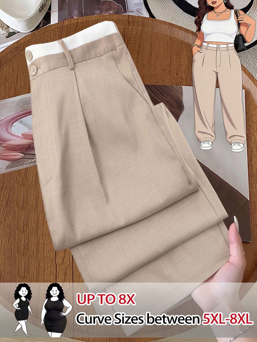 SHEIN CURVE+ Plus Size Women's Colorblock Waist Straight Leg Pants Fall - Multicolor - View 1