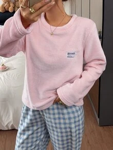 Napfluff Pullover Flanel Warna Polos, Celana Lengan Panjang Motif Kotak-kotak, Pakaian Santai - MultiWarna - View 6