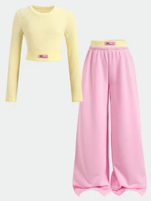 SHEIN Tween女孩黃粉色長袖短版背心上衣 + 對比腰帶運動長褲 2件套 - 粉色 - 查看 2