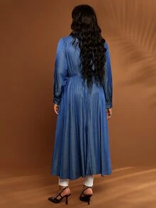 EMERY ROSE Blus Ukuran Besar Warna Biru Kancing Depan Model High Low dengan Sabuk, Kerah Kemeja, Lengan Panjang, Musim Gugur/Musim Dingin 2026 - Biru - View 3