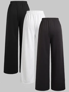 SHEIN Girlism 青少年女孩 3件組 針織寬腿時尚印花長褲 簡約系列 3件裝 日常百搭 適合休閒運動校園 棕色 - 白色 - 查看 4