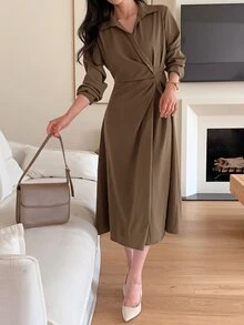 DAZY Women's Casual Solid Color Waist-Cinching Mid-Length Dress, Autumn - Brown - View 3