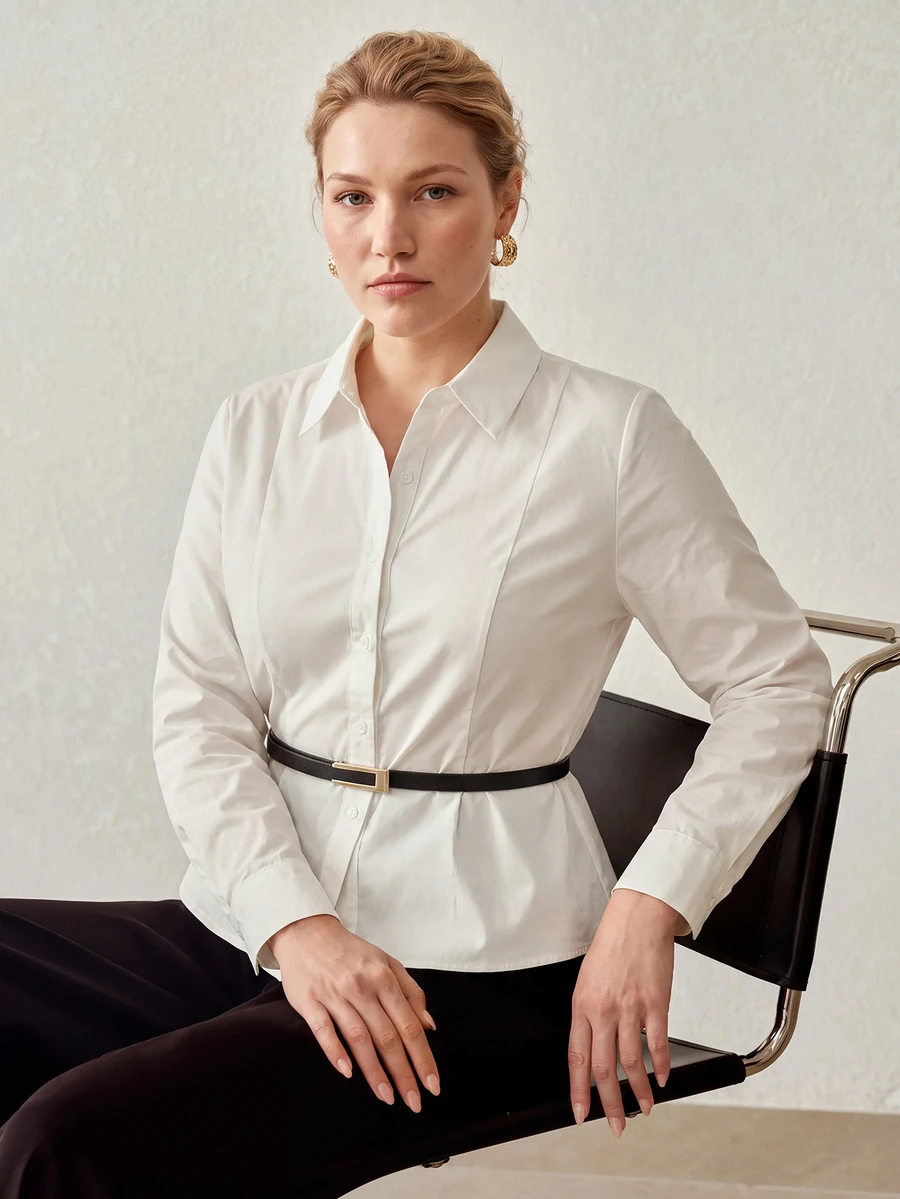 MOTF FASHIONABLE COMMUTER MINIMALIST PREMIUM FEEL CINCHED CINCHED WAIST LONG SLEEVE COLLARED PURE COTTON BELT DECOR WOMEN'S PLUS SIZE SHIRT - White - View 1