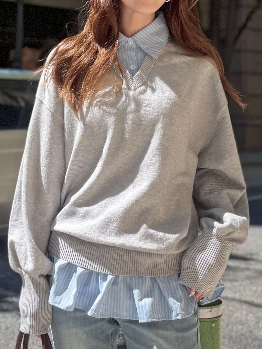 FRIFUL Women's Autumn Patchwork Striped Fabric 2 In 1 Sweater - Blue - View 1