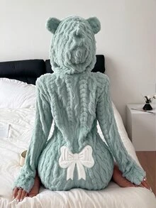 Napfluff 女款動物造型連帽蝴蝶結提花天鵝絨連身睡衣 - 藍色 - 查看 1