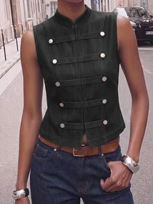 Maija Women's Double-Breasted Fashion Denim Vest For Vacation Going Out Tops For Women - Black - View 1