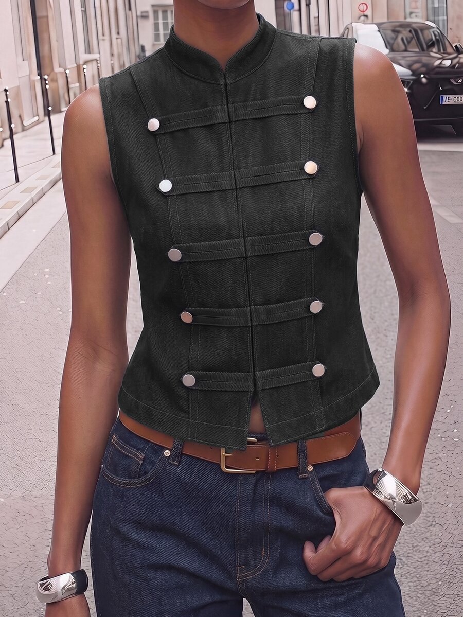 Maija Women's Double-Breasted Fashion Denim Vest For Vacation Going Out Tops For Women - Black - View 1