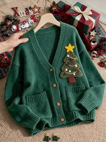 Grovea Plus Size 3D Christmas Tree Knit Cardigan Women V-Neck Button-Up Long Sleeve Green With Pockets Sweater Jacket Holiday Casual Knit Top - Green - View 6