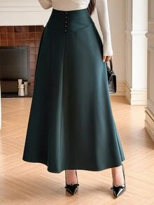 DAZY Dark Green High Waist Button Decor A-Line Flared Elegant Commute Midi Skirt Women Autumn Winter - Khaki - View 2