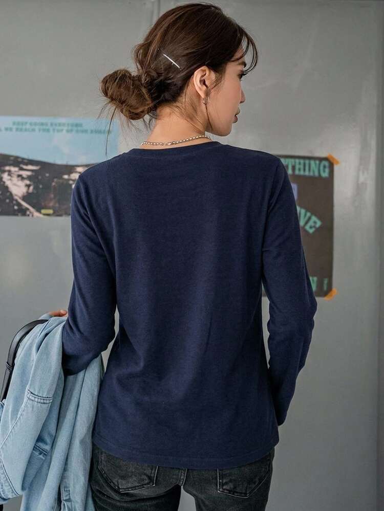 DAZY Women's Solid Color Casual Daily Long Sleeve T-Shirt - Navy Blue - View 3