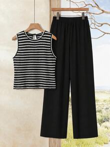Rusticease Women's Striped Round Neck Tank Top And Wide Leg Pants Casual 2 Pieces Set - Black - View 4