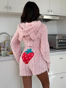 ZzzCrew Strawberry Embroidered Soft Jacquard Plush Long Sleeve Shorts Animal Shaped Hooded One-Piece Pajamas - Pink - View 2