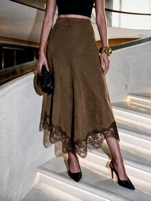 Modelyn Women's Brown Woven Lace Patchwork Asymmetrical Hem Lace Trim Elegant Skirt - Brown - View 9