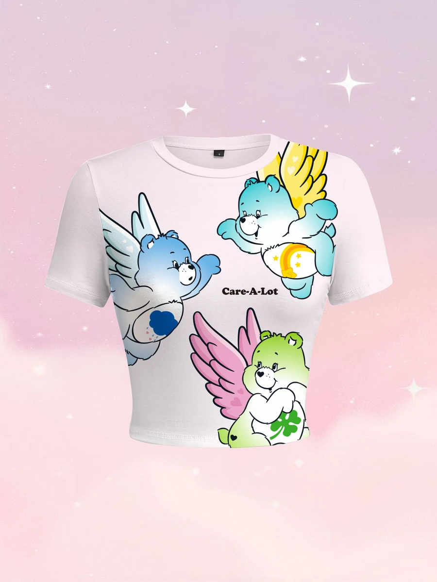 SHEIN X Care Bears 女款夏季休閒卡通印花修身短版T恤 - 白色 - 查看 1