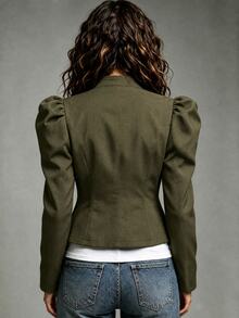 SHEIN Jaket Pendek Wanita Kasual Elegan Musim Gugur/Dingin, Lengan Model Leg-Of-Gigot, Kancing Depan Terbuka, Kerah Tegak - Hijau Tentara - View 2