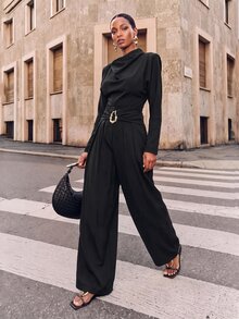 Zivah Women's Solid Color Pleated Batwing Long Sleeve Shirt And Wide Leg Pants Elegant 2 Pieces Set - Black - View 9