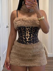 Slaydiva Leopard Sequin Fur Trim Corset Mini Dress | Strapless Faux Fur Bodycon Skirt For Club Party & Evenin - Khaki - View 9