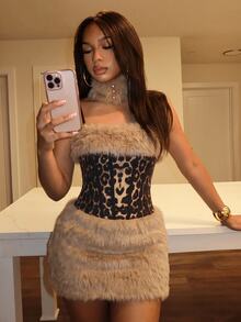 Slaydiva Leopard Sequin Fur Trim Corset Mini Dress | Strapless Faux Fur Bodycon Skirt For Club Party & Evenin - Khaki - View 6
