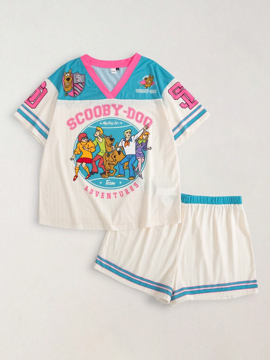 SCOOBY-DOO X SHEIN Plus Size Cartoon Print Top And Striped Shorts Pajama Set - Multicolor - View 1