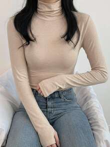 DAZY 女款高領修身長袖百搭T恤 - 杏色 - 查看 3