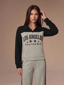 Lazeform Women's Casual Letter Print Lapel Half-Zip Contrast Color Long Sleeve Long Pants Pajama Set - Multicolor - View 4