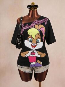LOONEY TUNES X SHEIN 女款不對稱肩短袖休閒寬鬆T恤 - 黑色 - 查看 7