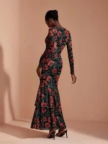 JIAN LASALA Gaun Panjang Bermotif Bunga Jala dengan Leher V dan Lapisan Ruffle Ganda di Bagian Bawah, Gaun Liburan Elegan - MultiWarna - View 2
