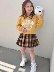 SHEIN 女童 2 件套 櫻桃字母印花襯衫領長袖衛衣 格紋百褶裙套裝 秋季 7 歲生日 白色棕色 - 棕色 - 查看 1
