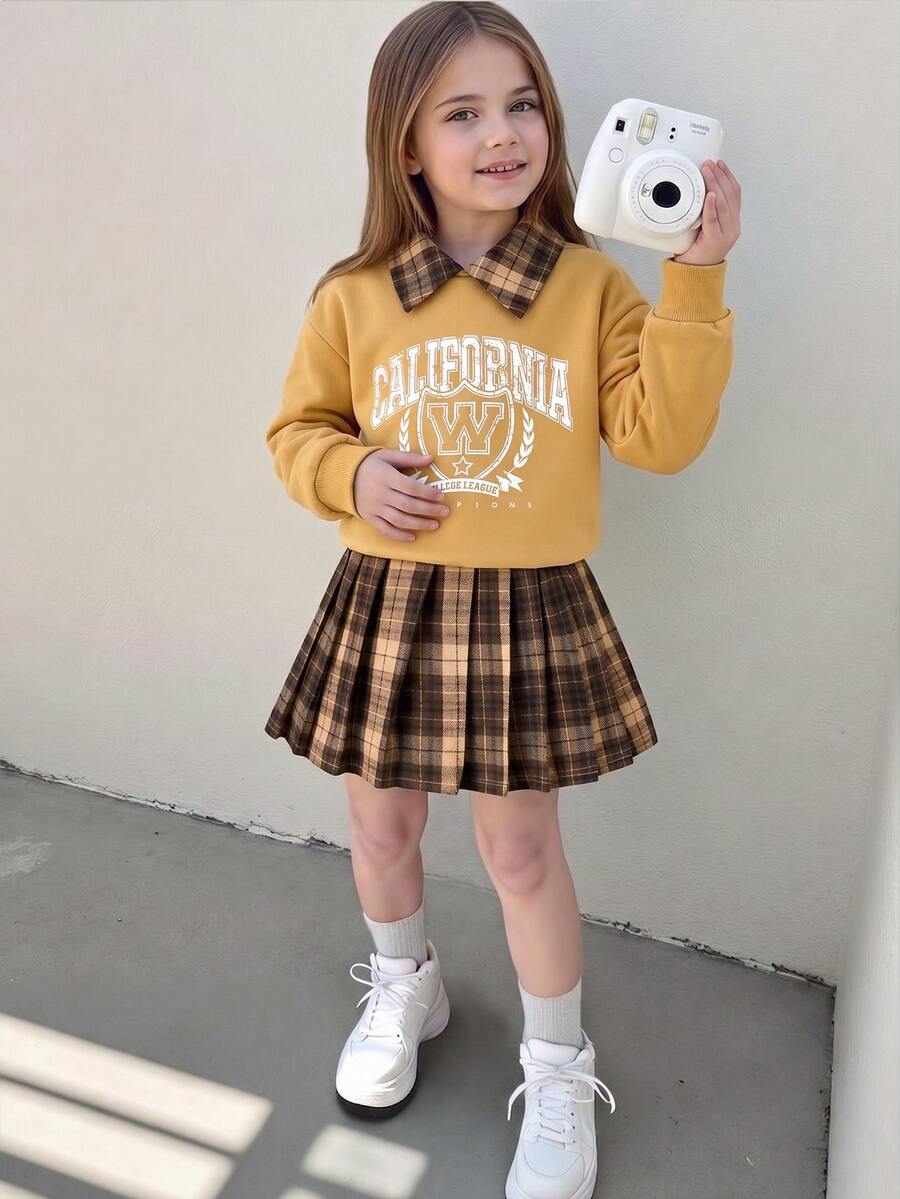 SHEIN 女童 2 件套 櫻桃字母印花襯衫領長袖衛衣 格紋百褶裙套裝 秋季 7 歲生日 白色棕色 - 棕色 - 查看 1