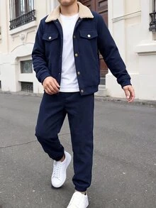 SHEIN 青少年男孩2件套休閒燈芯絨面料翻領長袖夾克與彈性腰長褲，適合秋冬春季，適合戶外玩耍、學校、街頭風、派對與居家休閒，高CP值 - 藏蓝色 - 查看 5