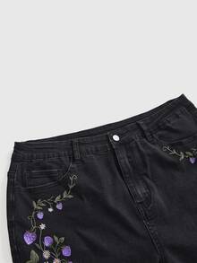 ROMWE Grunge Punk Plus Size Mori Style Floral Rabbit Butterfly Print Butt-Lifting Slimming Skinny Leg Jeans - Black - View 3