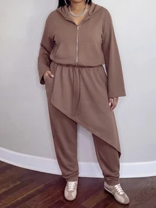 Slaydiva Autumn/Winter Brown Hooded Cardigan & Asymmetrical Hem Jogger Pants 2 Pieces Set Plus Size Fall - Brown - View 10