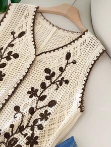 CosyJoli Plus Size Summer Embroidered Knit Cardigan Vest - Coffee Brown - View 5