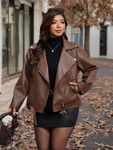 Reflora Plus Size Autumn Fashion Commuter Leather Jacket - Brown - View 7