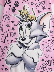 TOM & JERRY X SHEIN فستان نوم منزلي يومي كاجوال بطبعة كرتونية وحروف للفتيات المراهقات - وردي - مشاهدة 3