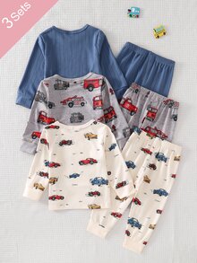 6pcs/Set Baby Boy Cartoon Car Print Ribbed Long Sleeve Top And Footed Pants Soft Casual Pajama Set, Multiple Colors Available - Multicolor - View 2