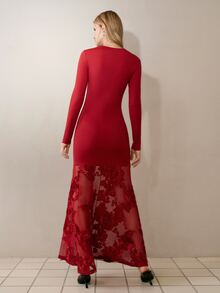 MOTF PREMIUM EXQUISITE ELEGANT EMBROIDERED FLORAL ROUND NECK LONG DRESS - Burgundy - View 3