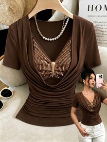 SHEIN Franclia Women's Patchwork Sequin Cowl Neck Short Sleeve Fashion Top - Brown - View 5