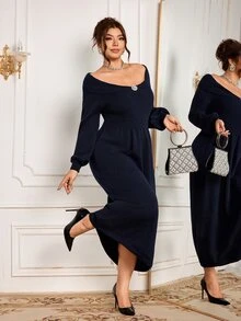 Modelyn Plus Size Elegant Rhinestone Decorated Pleated Sweater Dress - Navy Blue - View 1