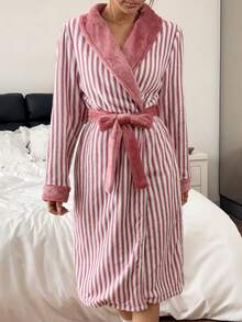 Napfluff Casual Striped Plush Lapel Long Sleeve Women's Loungewear Robe - Dusty Pink - View 4