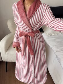 Napfluff Casual Striped Plush Lapel Long Sleeve Women's Loungewear Robe - Dusty Pink - View 7